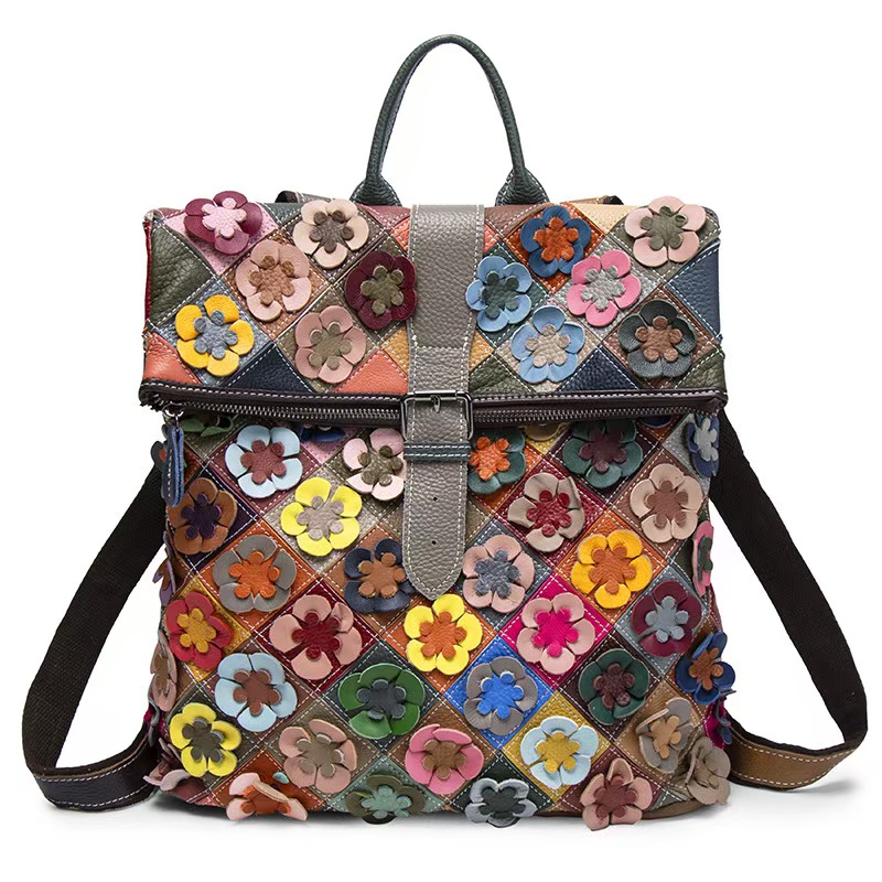 Vintage Women Fashion - Vintage Women Genuine Leather Backpack Flower