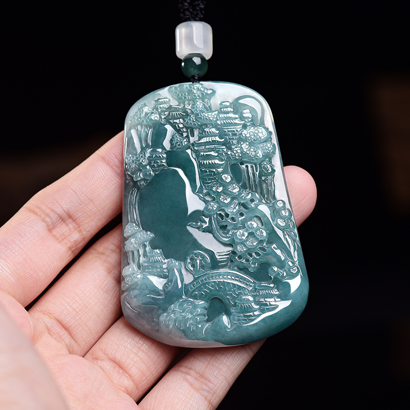 Vintage Women Fashion - Natural Burmese Jadeite Scenery Pendant Necklace