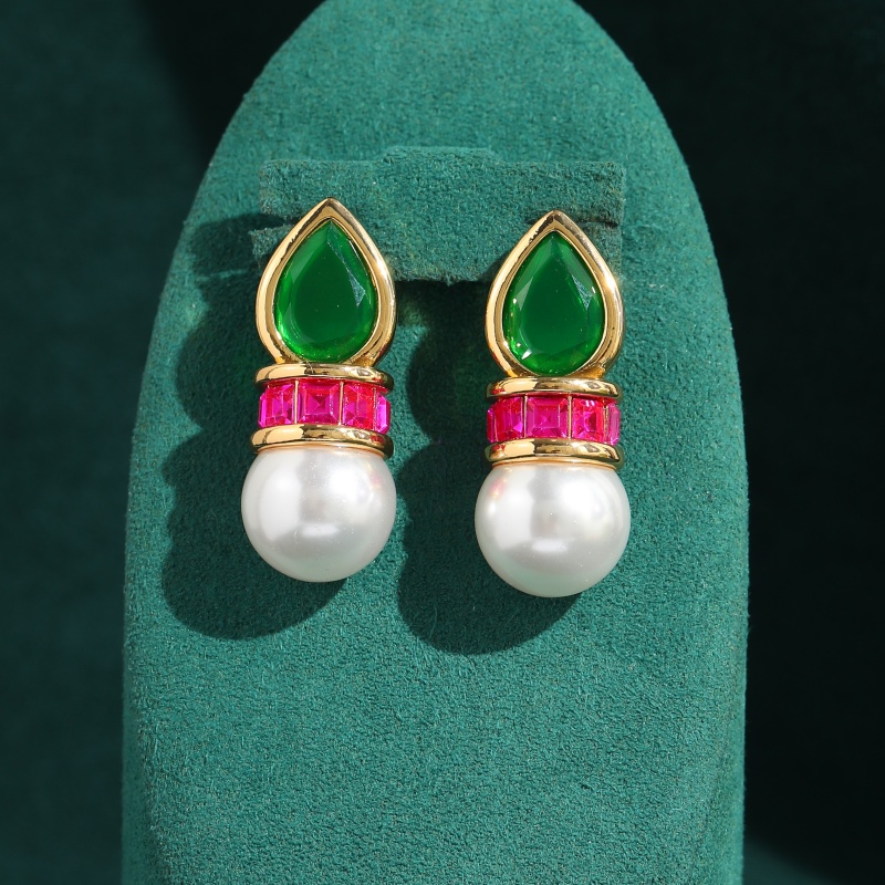 Vintage Fashion Jewelry Brands - Vintage Green Glass Pink Zircon Pearl