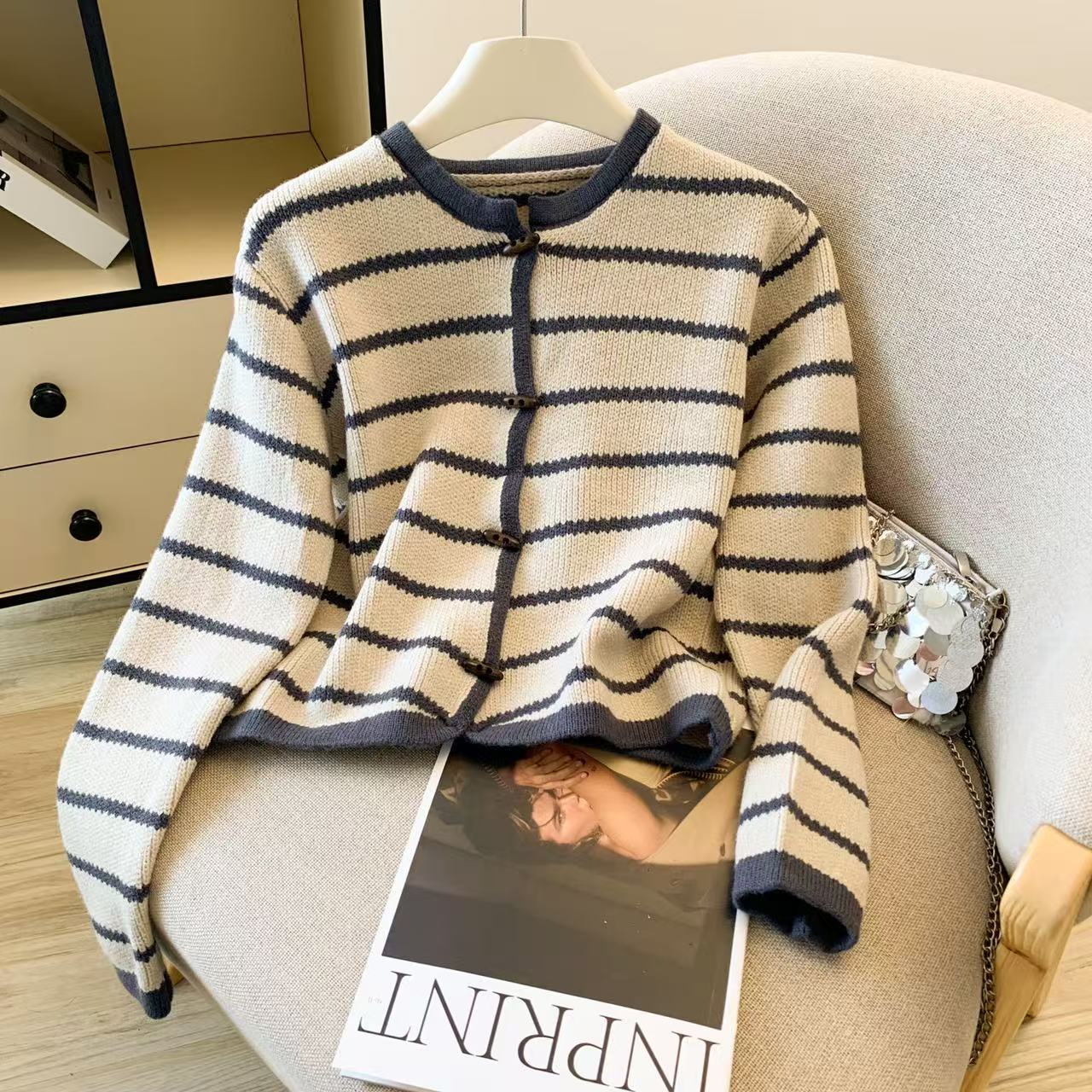 Women's Striped O-Neck Cardiga - Crop Cardigan Vintage recension och pris