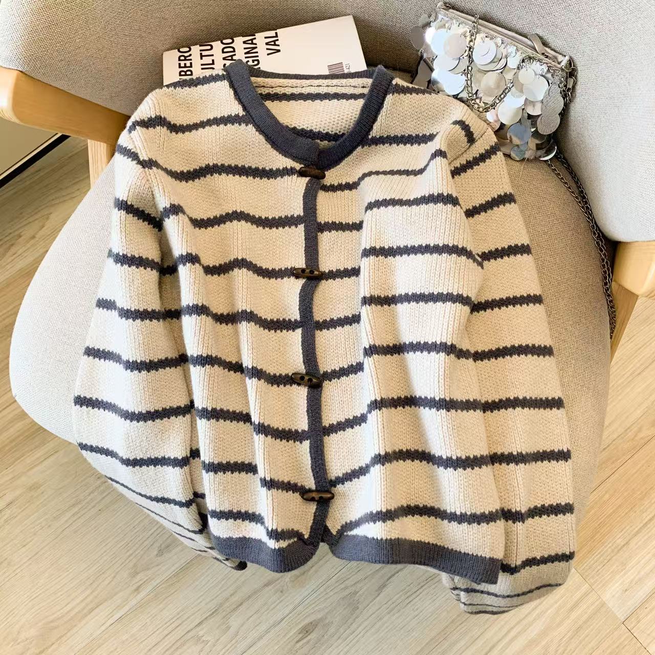 Women's Striped O-Neck Cardiga - Crop Cardigan Vintage recension och pris