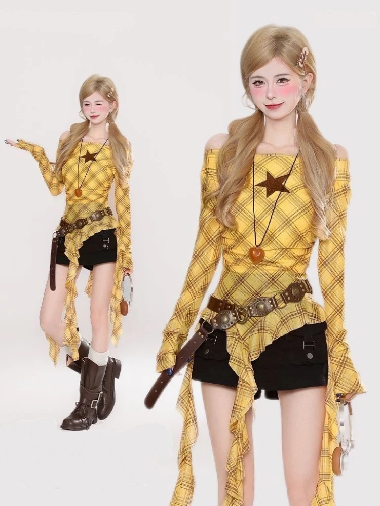 Y2K Plaid Slash Neck Vintage T - Vintage Women Fashion recension och pris