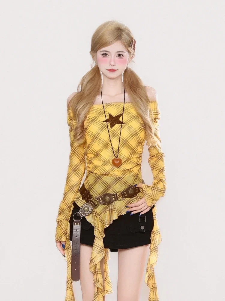Y2K Plaid Slash Neck Vintage T - Vintage Women Fashion recension och pris