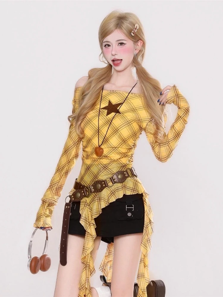 Y2K Plaid Slash Neck Vintage T - Vintage Women Fashion recension och pris