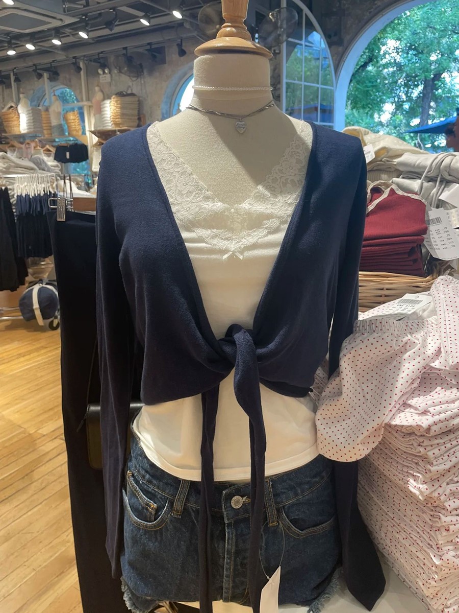 New Navy Lace-up Knitted Long  - Crop Cardigan Vintage recension och pris