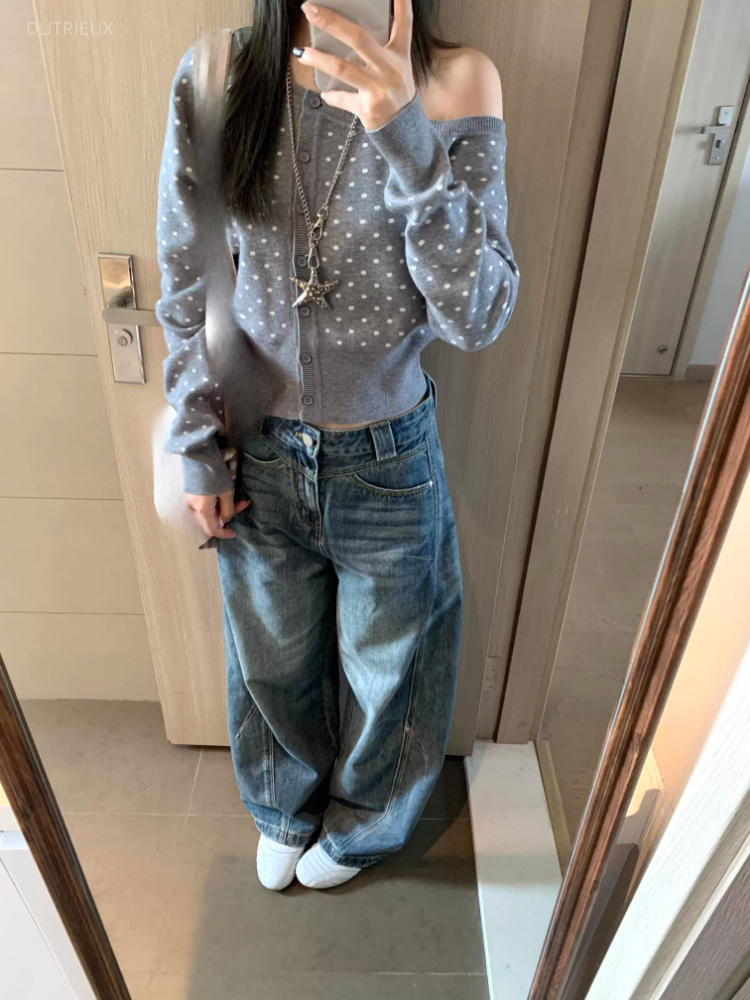Y2k Aesthetic Skew Collar Polk - Crop Cardigan Vintage recension och pris