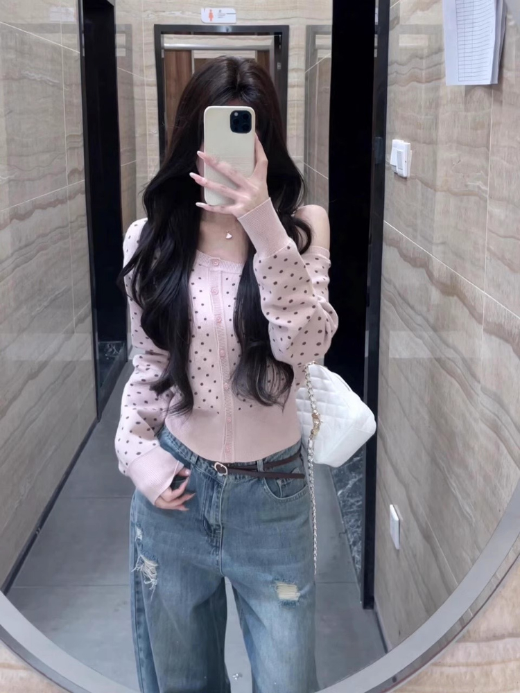 Y2k Aesthetic Skew Collar Polk - Crop Cardigan Vintage recension och pris