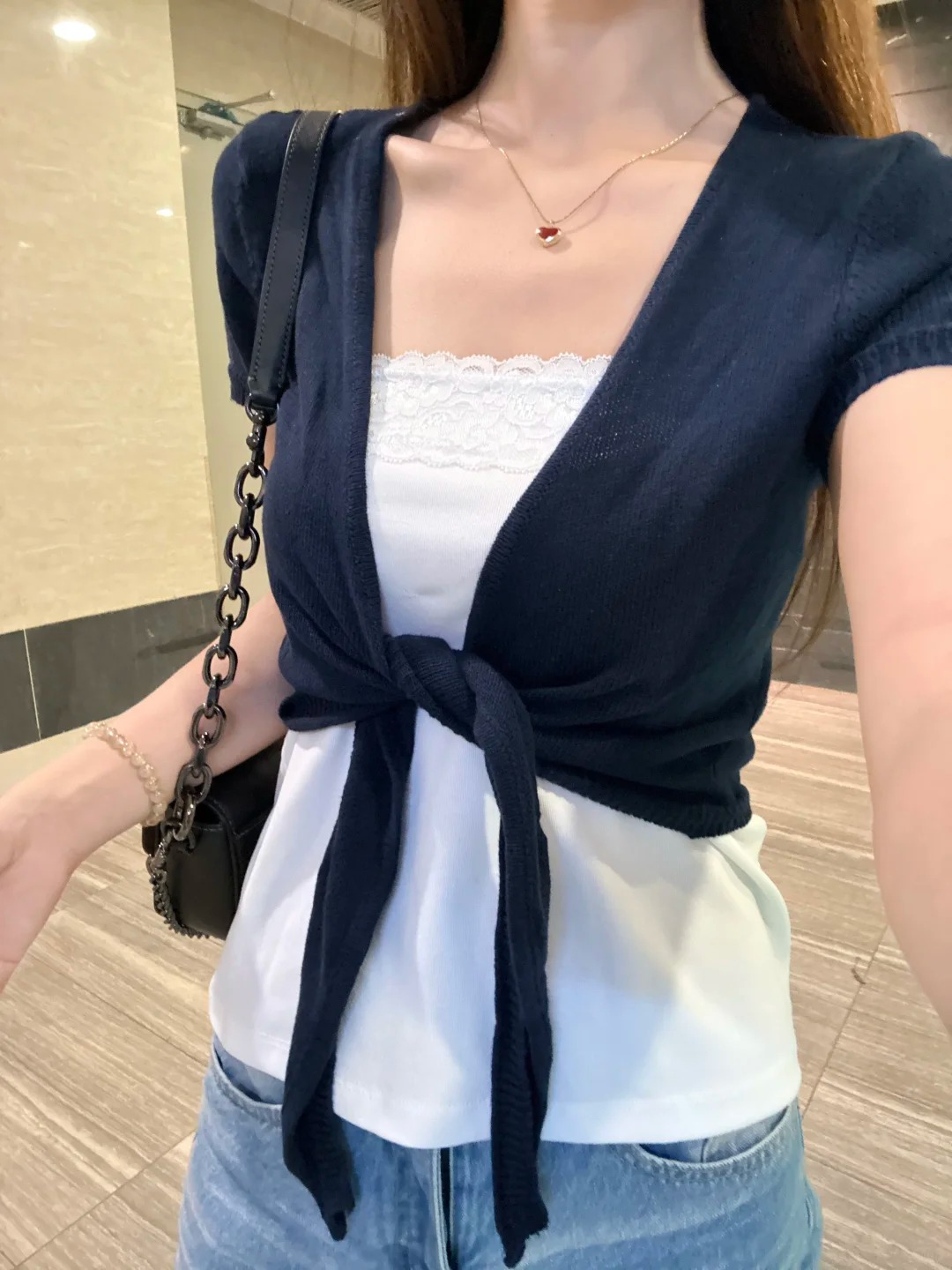 Navy Lace-up Cardigan Women Co - Crop Cardigan Vintage recension och pris
