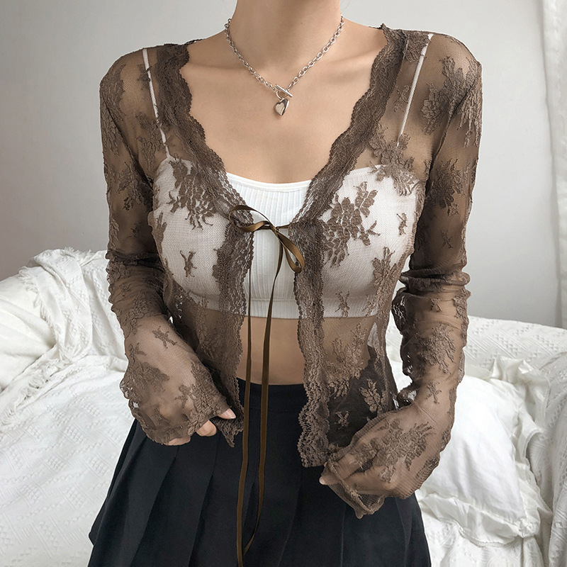 Women See Through Lace Mesh Sh - Crop Cardigan Vintage recension och pris